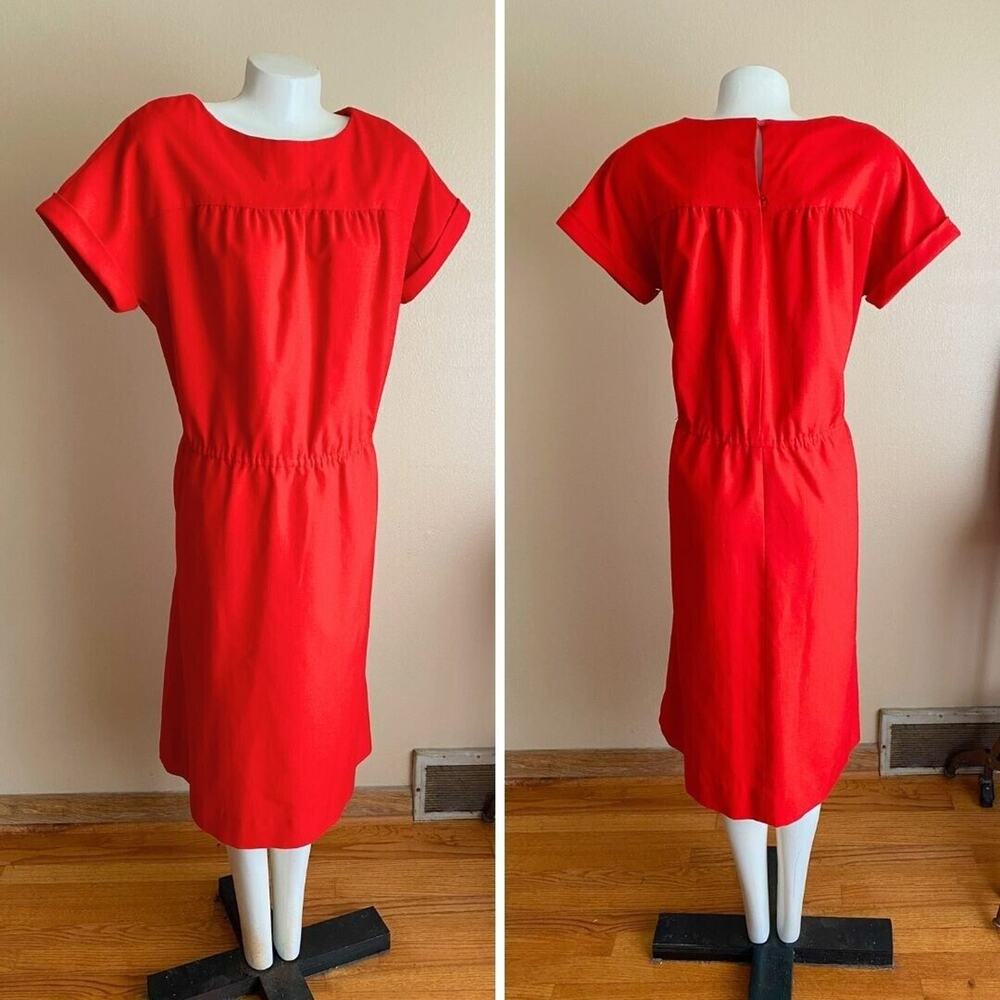 Vintage Handmade Sz L Red Smock Dress Textured Elastic Waist Short Sleeve Rolled